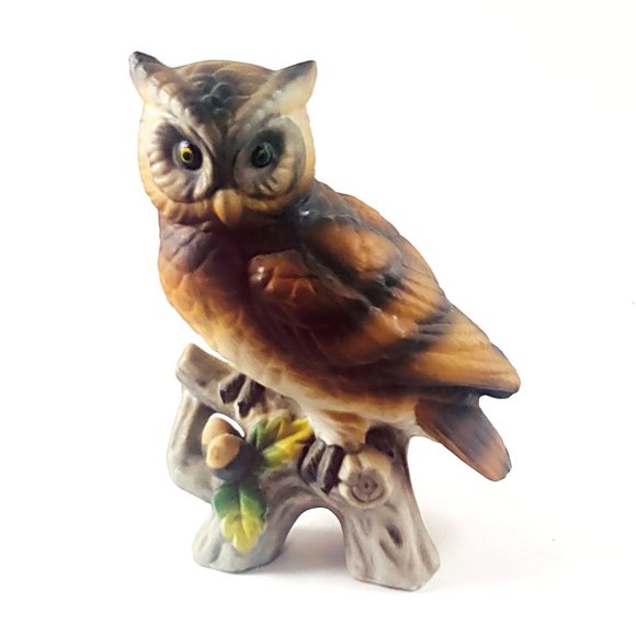 Unknown Other - MIJ Owl on Branch with Acorns Bisque China